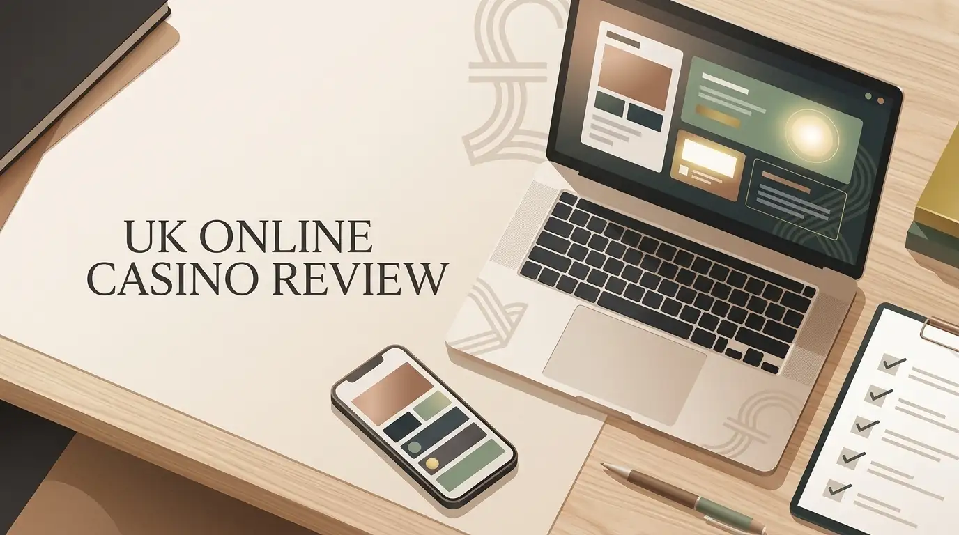 Editorial illustration of a UK online casino review on laptop and phone