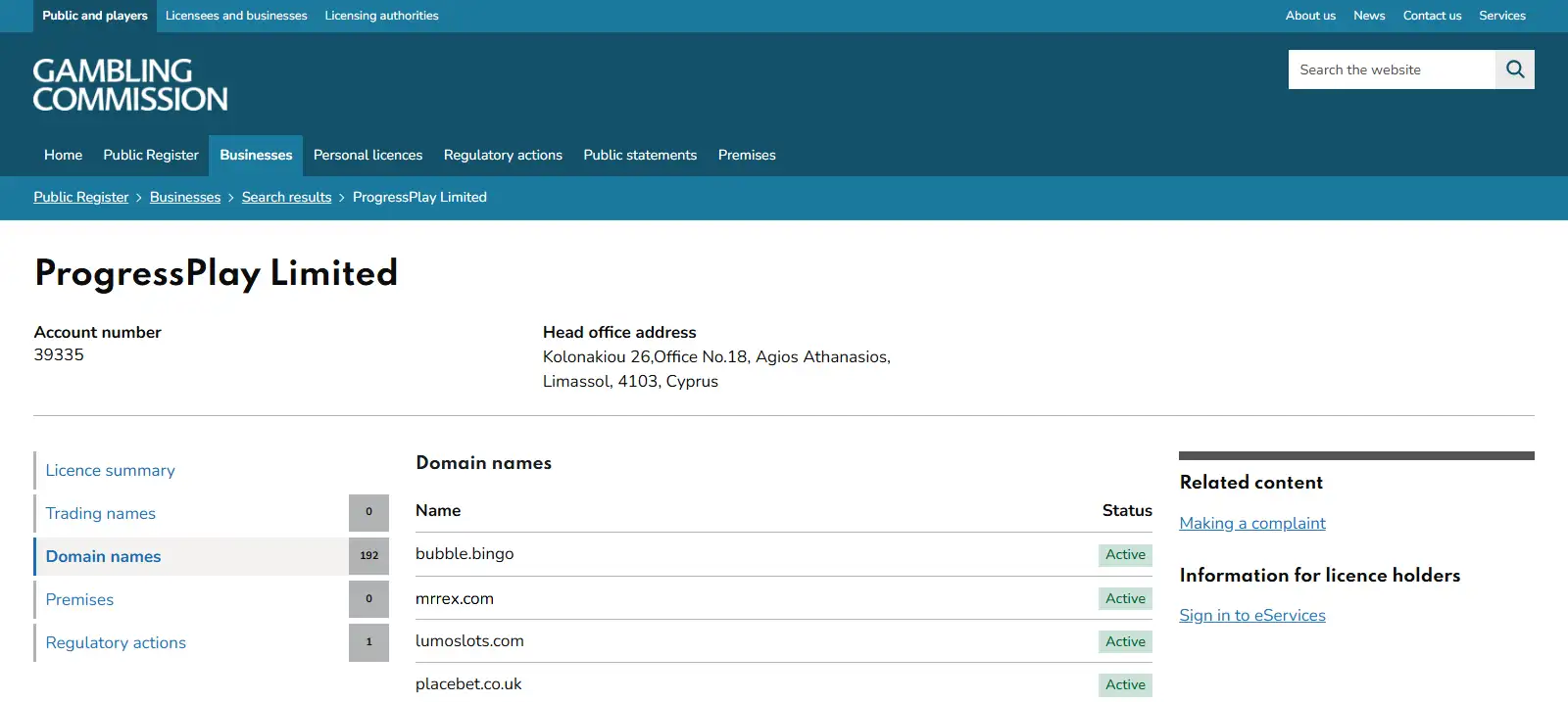 Register evidence from the UK Gambling Commission register for MrRex and ProgressPlay Limited
