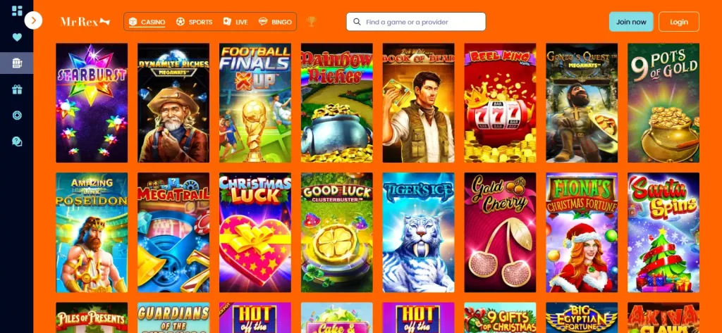 Current MrRex casino lobby with game-category navigation