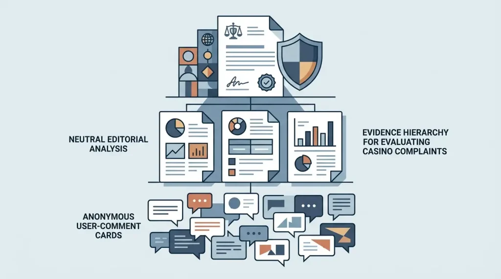 Editorial evidence hierarchy comparing regulator records, editorial sources and user reports