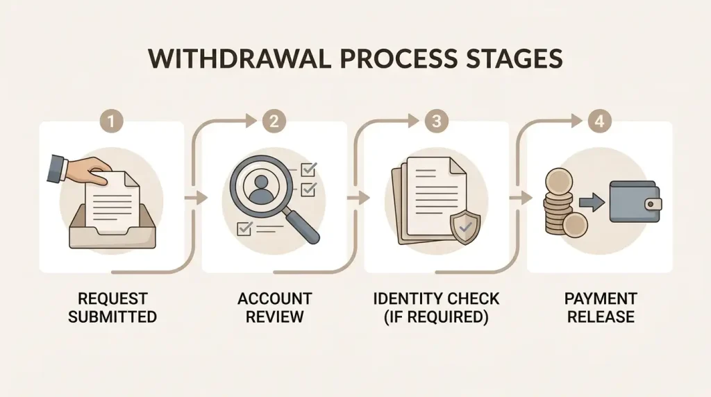 Editorial withdrawal flow from request through review and verification to payment release