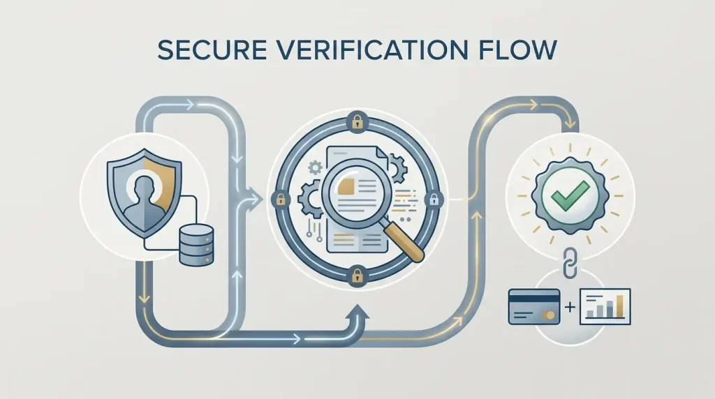 Abstract secure account verification workflow with identity, review and approval stages