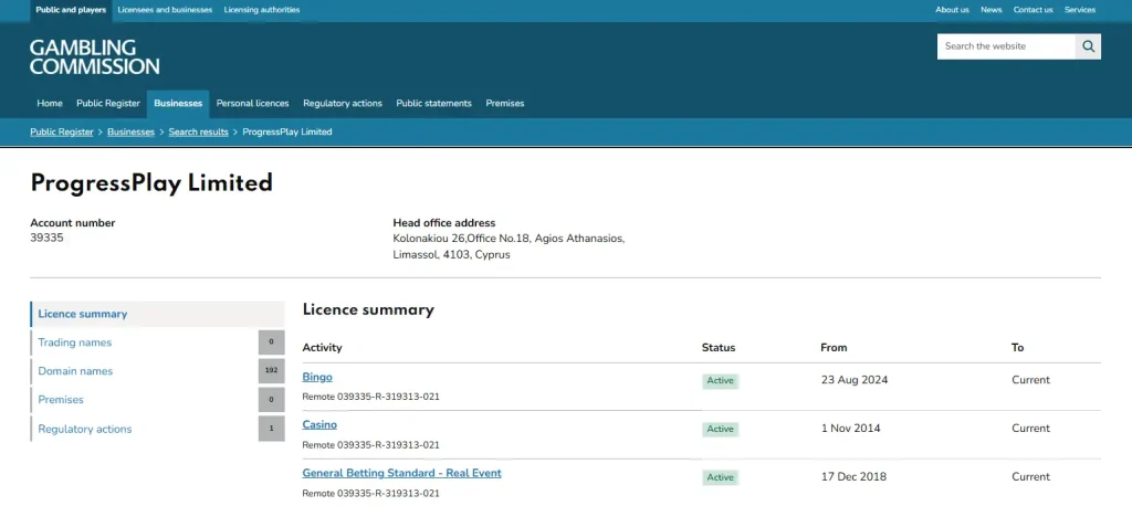 UK Gambling Commission licence summary for ProgressPlay Limited with active Casino Remote status