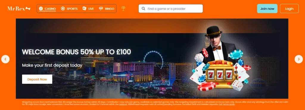 Current MrRex welcome promotion area for UK players