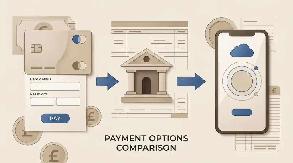 Editorial illustration of debit card, bank transfer and e-wallet payment categories in pounds sterling
