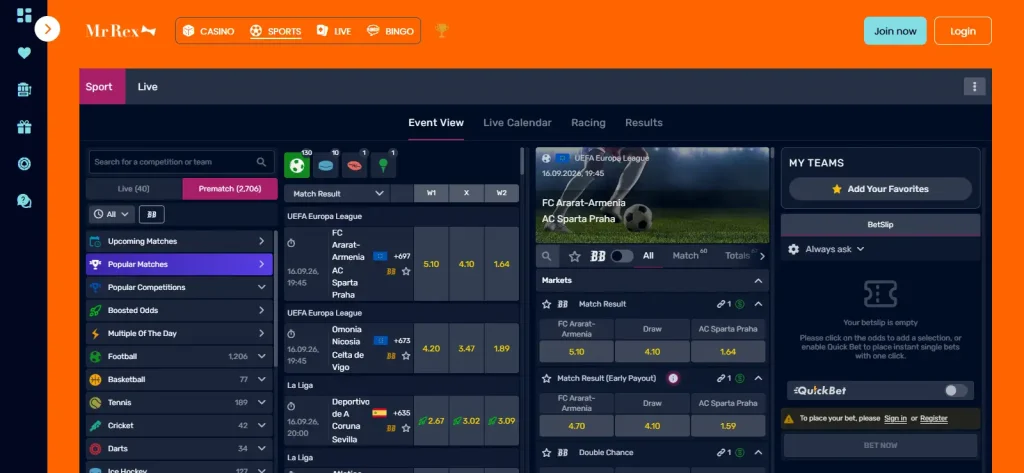 Current MrRex sportsbook screen with sports navigation visible