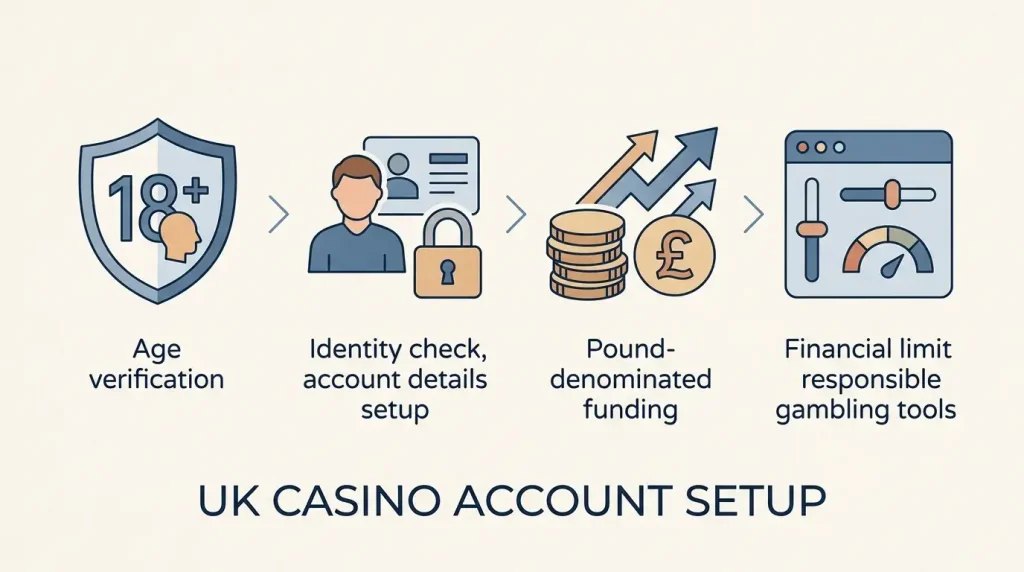 Editorial account-opening checklist showing age check, account setup, GBP funding and financial limits