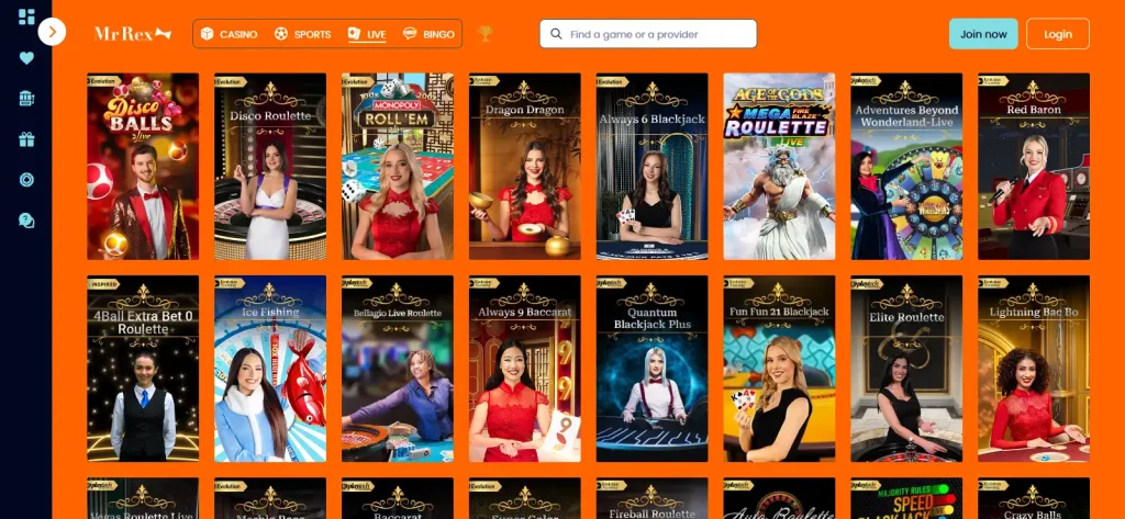 Current MrRex live casino lobby showing dealer game categories
