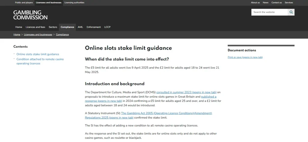 UK Gambling Commission online slots stake limit guidance for £2 and £5 age tiers